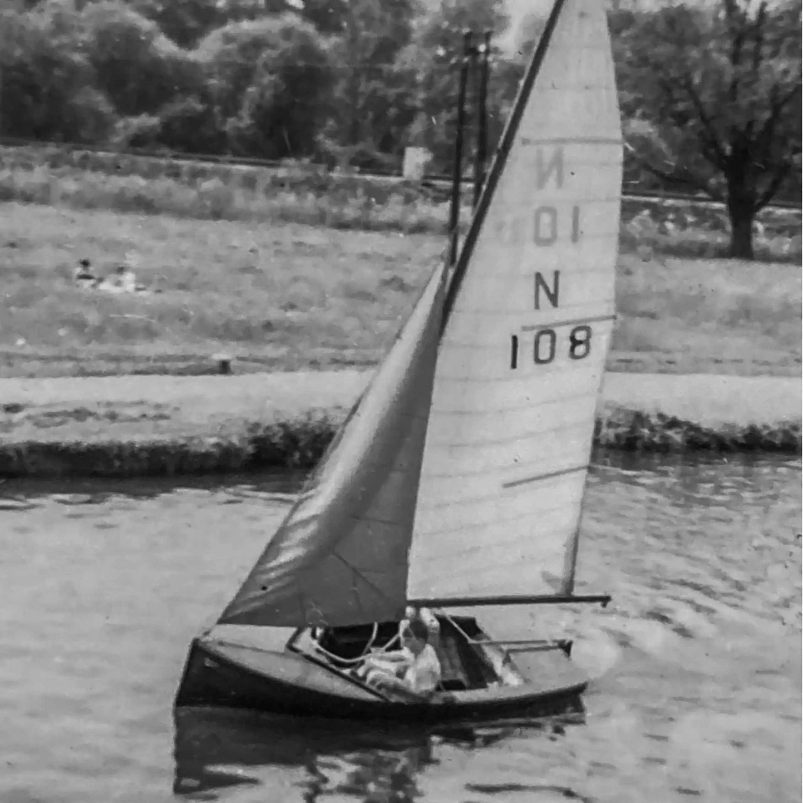 Dinghy sailing on the River Lea near Broxbourne, circa 1958