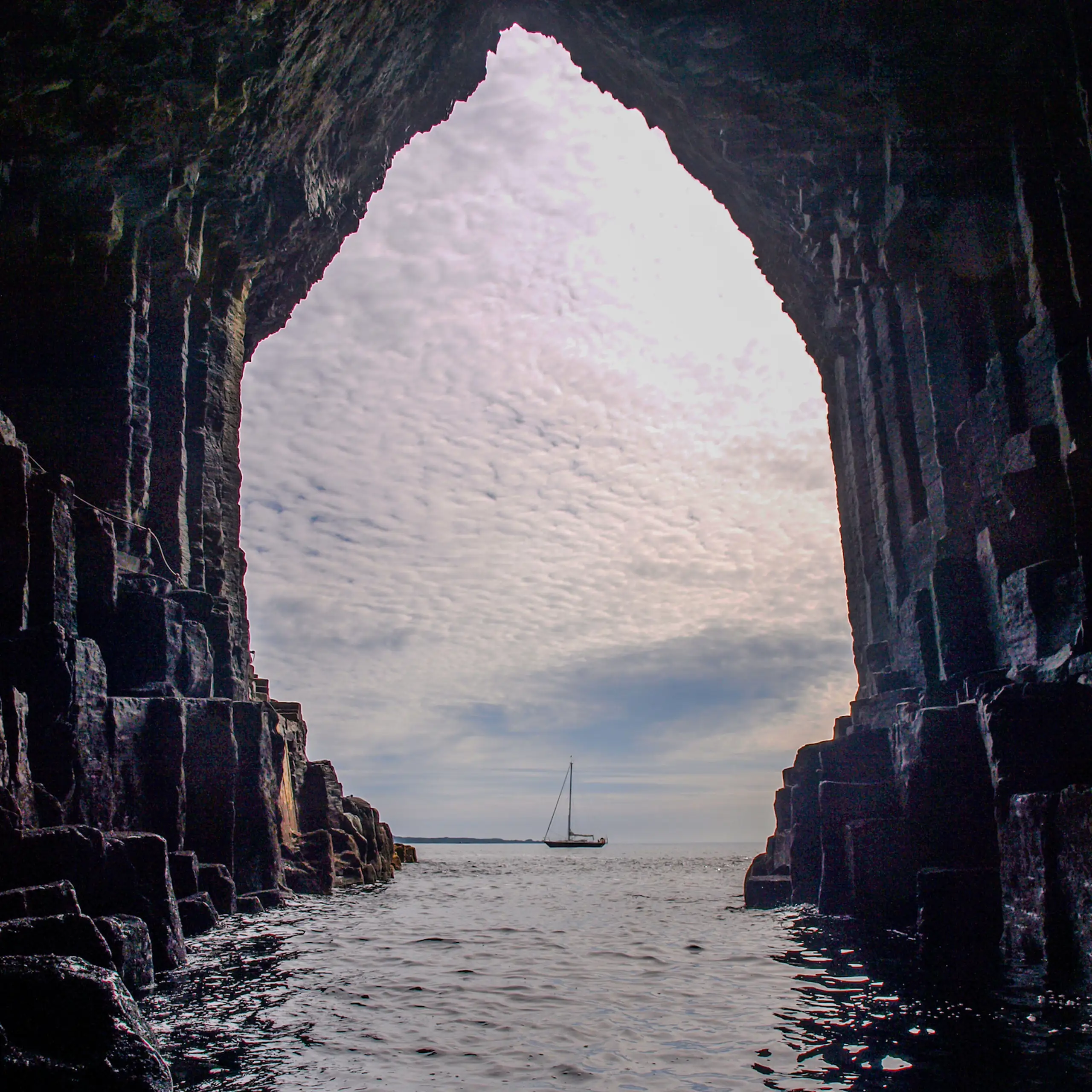 Pickle at anchor, from inside the cave