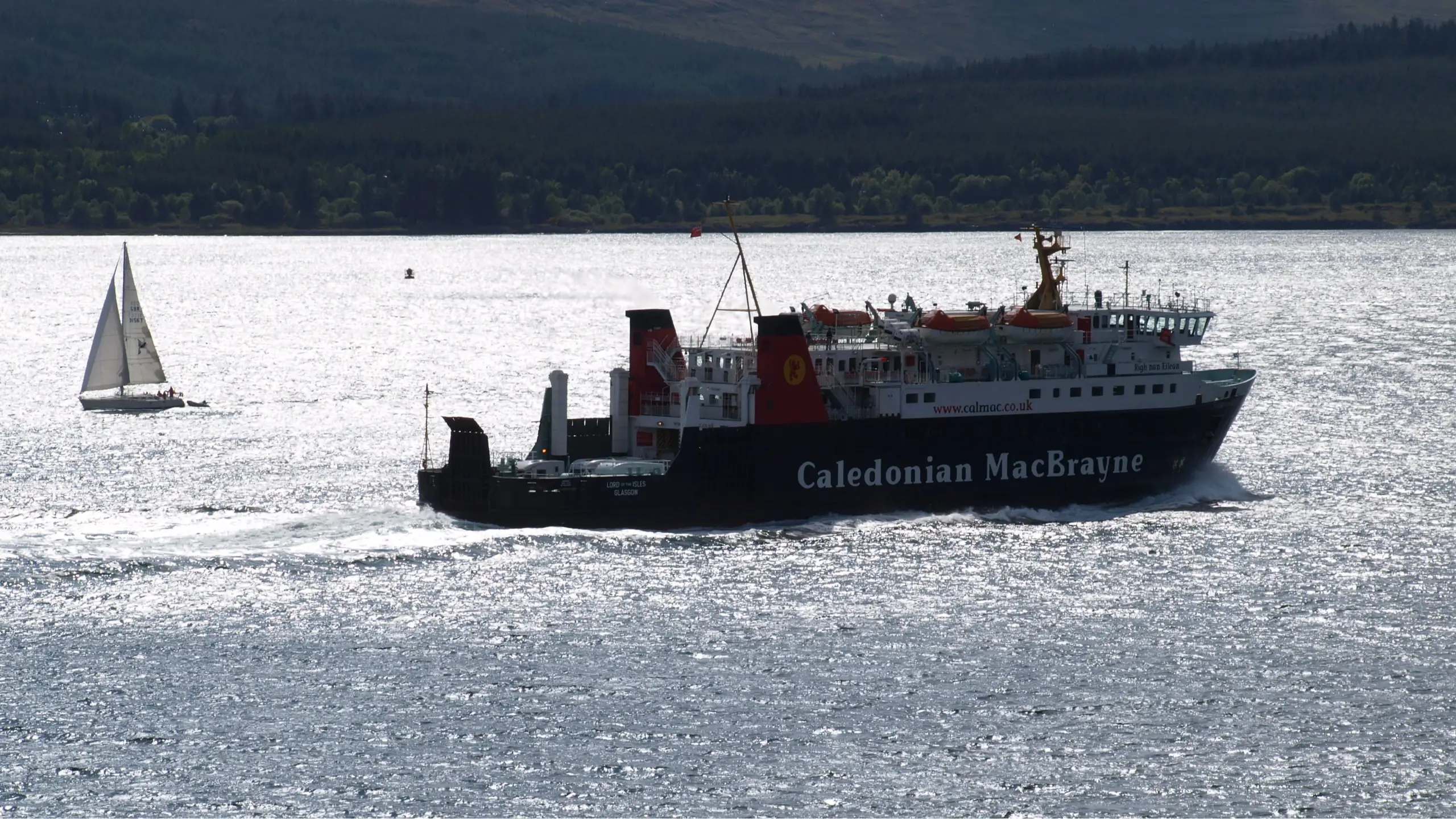 A CalMac ferry seen from Ardtornish Castle, such a frequent sight in the Sound of Mull