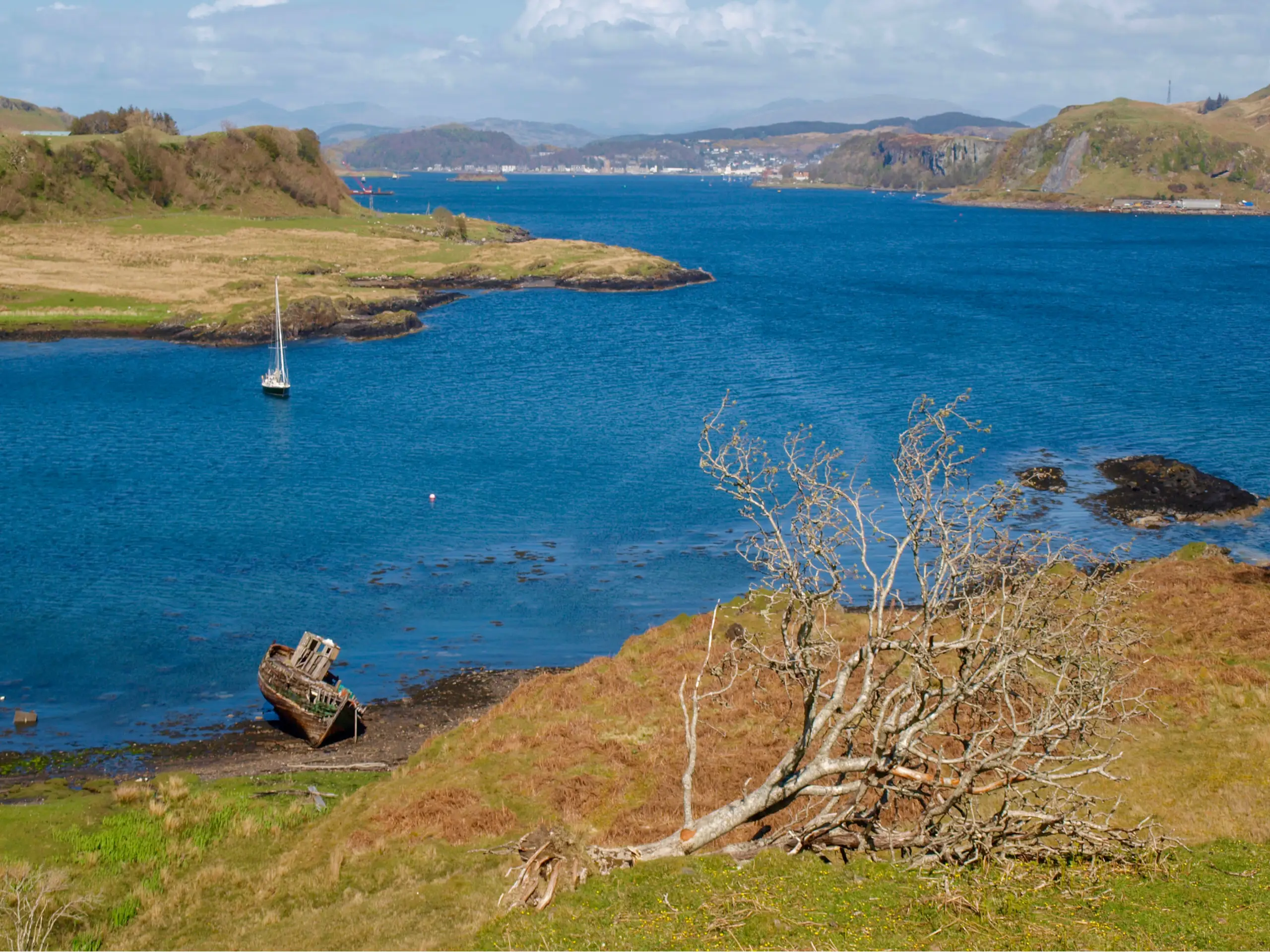 The wooden wreck mouldering on the shore, Oban in the far distance
