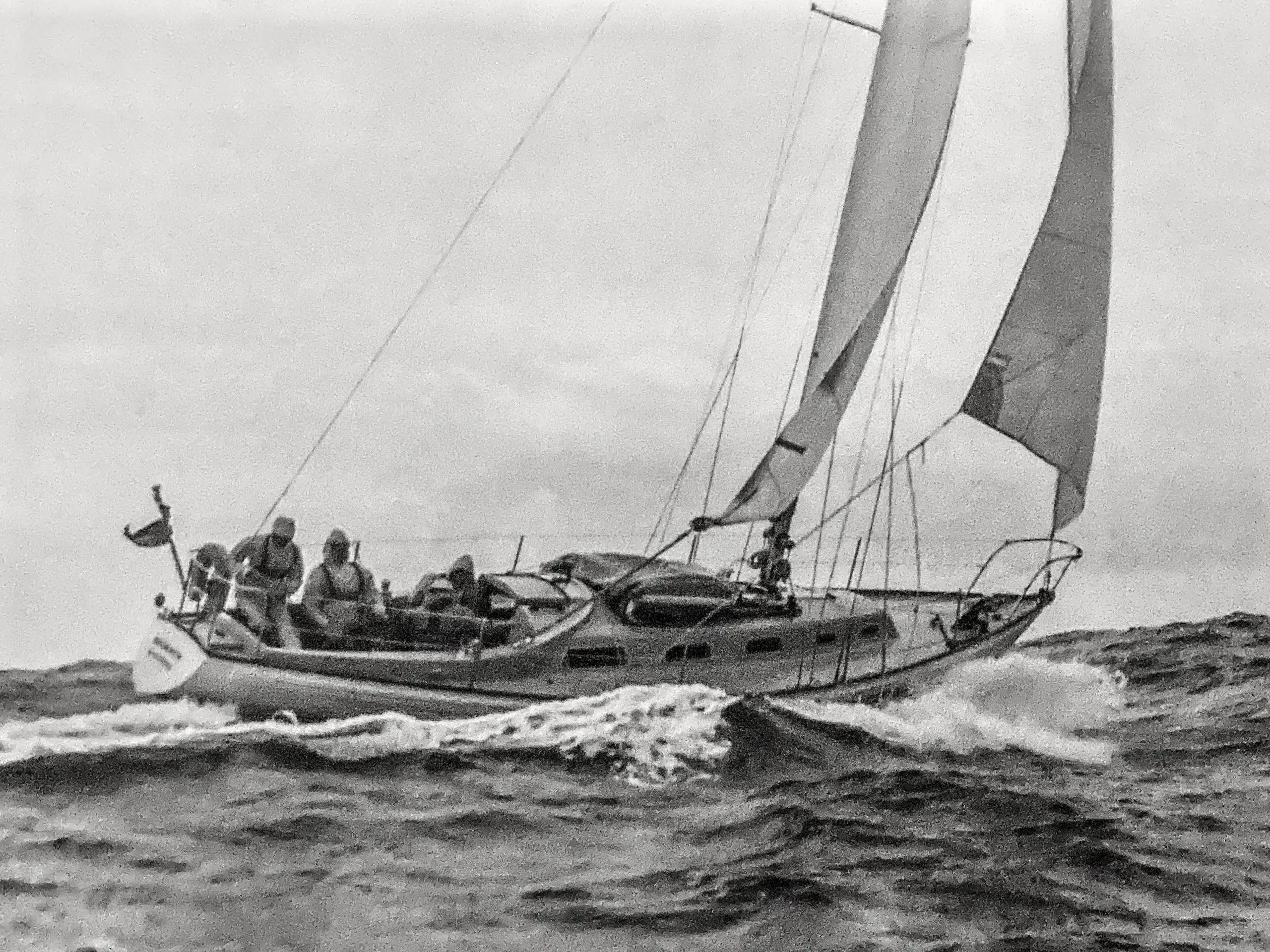 Chartering two Rival 34s from Skye in 1979, I and my old sailing and medical school friend Edwin Swarbrick, sailed out to St Kilda, here Edwin's boat forging into the Atlantic.